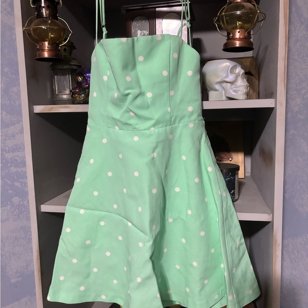 Zara Light Green Dress with White Dots xs #linen #pockadots #summer #girly - Picture 5 of 13